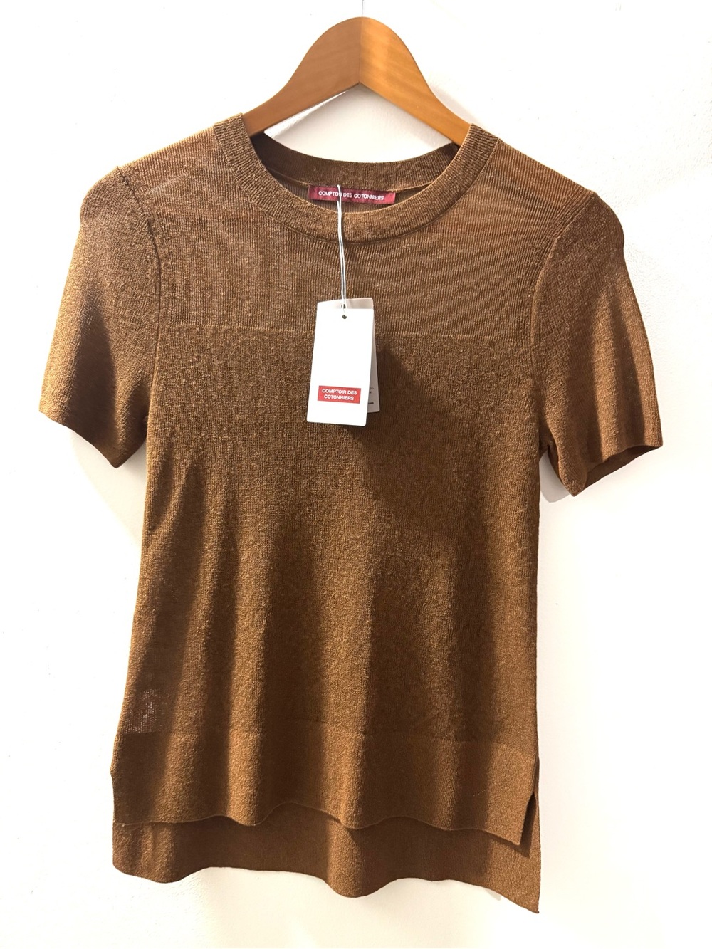 Comptoir Des Cotonniers Metallic Bronze Short-Sleeve Knit Top